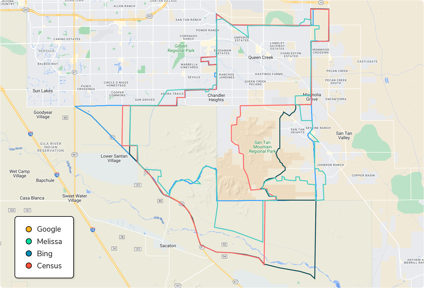 map comparing zip codes for different sources